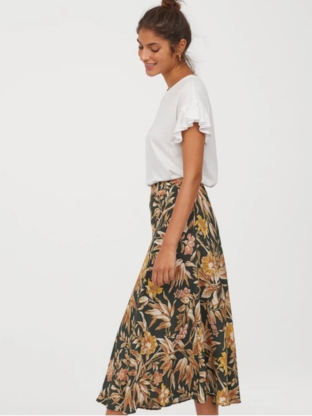 Floral A-Line Midi Skirt in Dark Green and Mustard